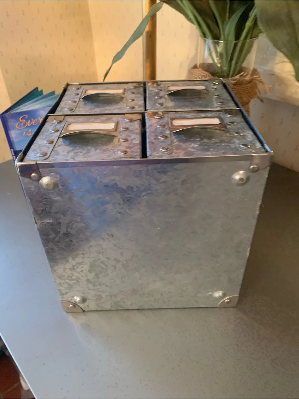 Galvanized metal desk top, inset label holders 4 drawer storage chest metal pull